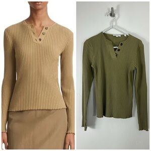 Vince Ribbed Henley Top in Tan and Olive